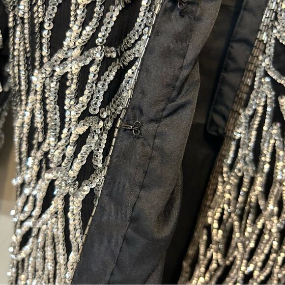 Laurence Kazar Sequin Beaded Top Cardigan 100% Silk Made in India Black Silver - Picture 4 of 5